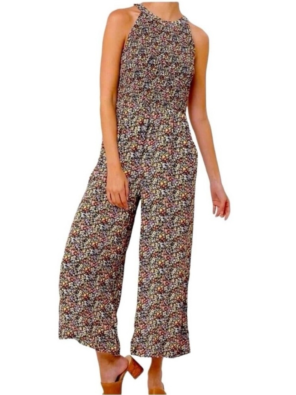 LOFT Smocked High Neck Multi-Color Floral Jumpsuit Romper